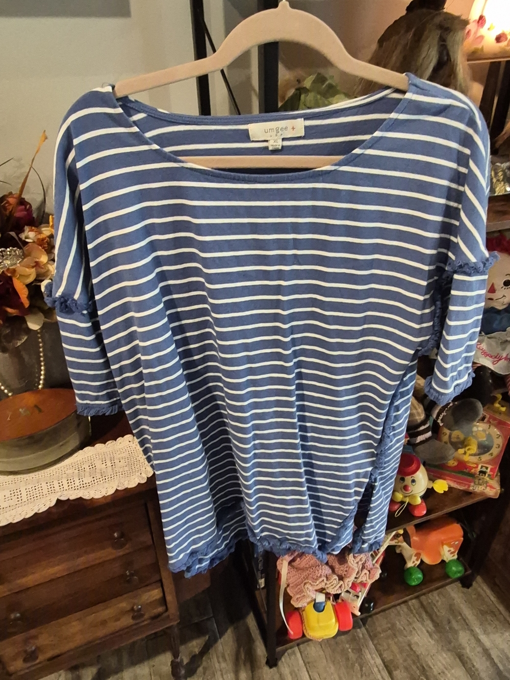 Umgee Blue & White Striped Scoop Neck Tunic